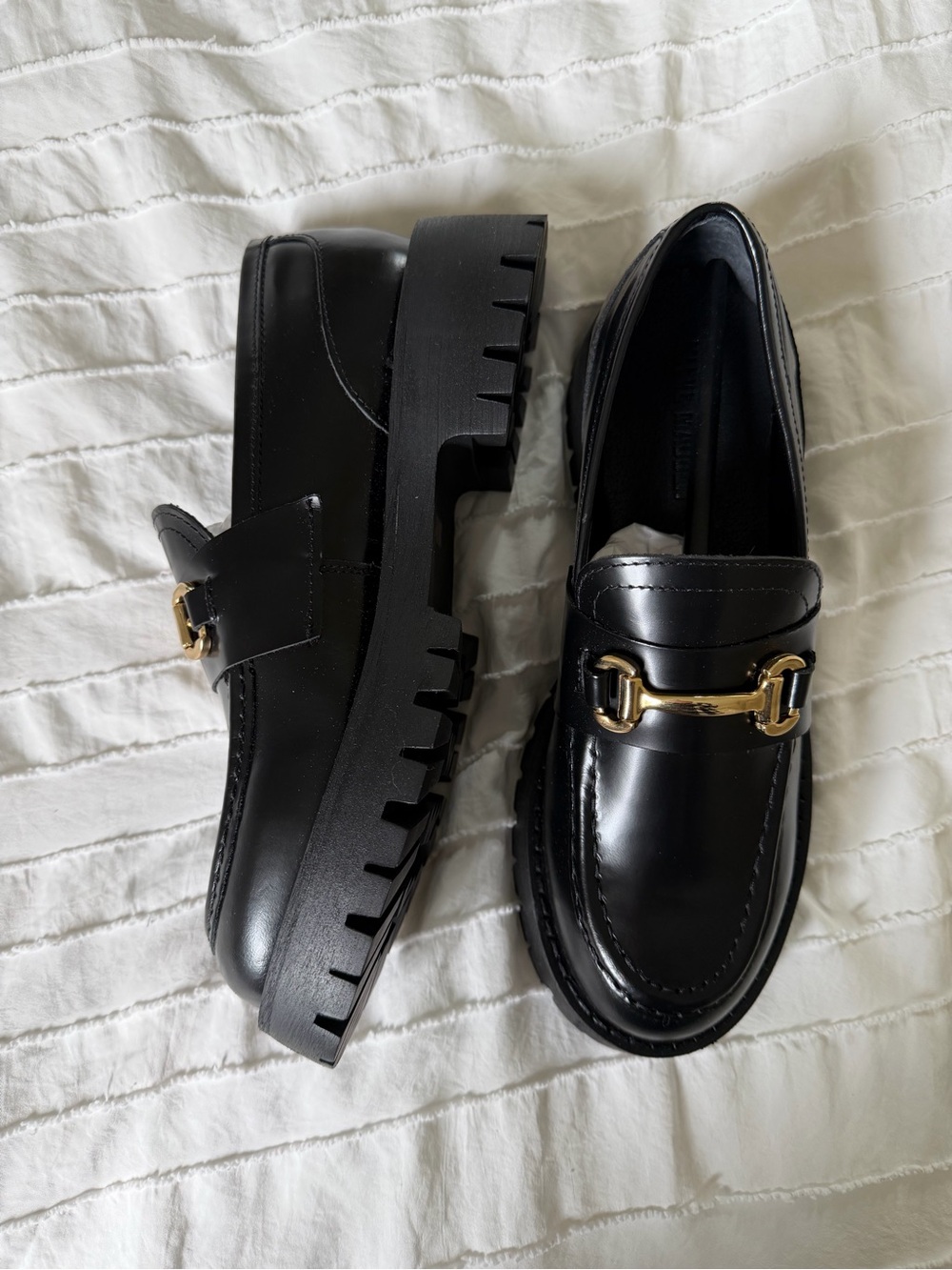 Chunky Platform Loafers in Black with Gold Accent - Women's Shoes - Picture 3 of 8